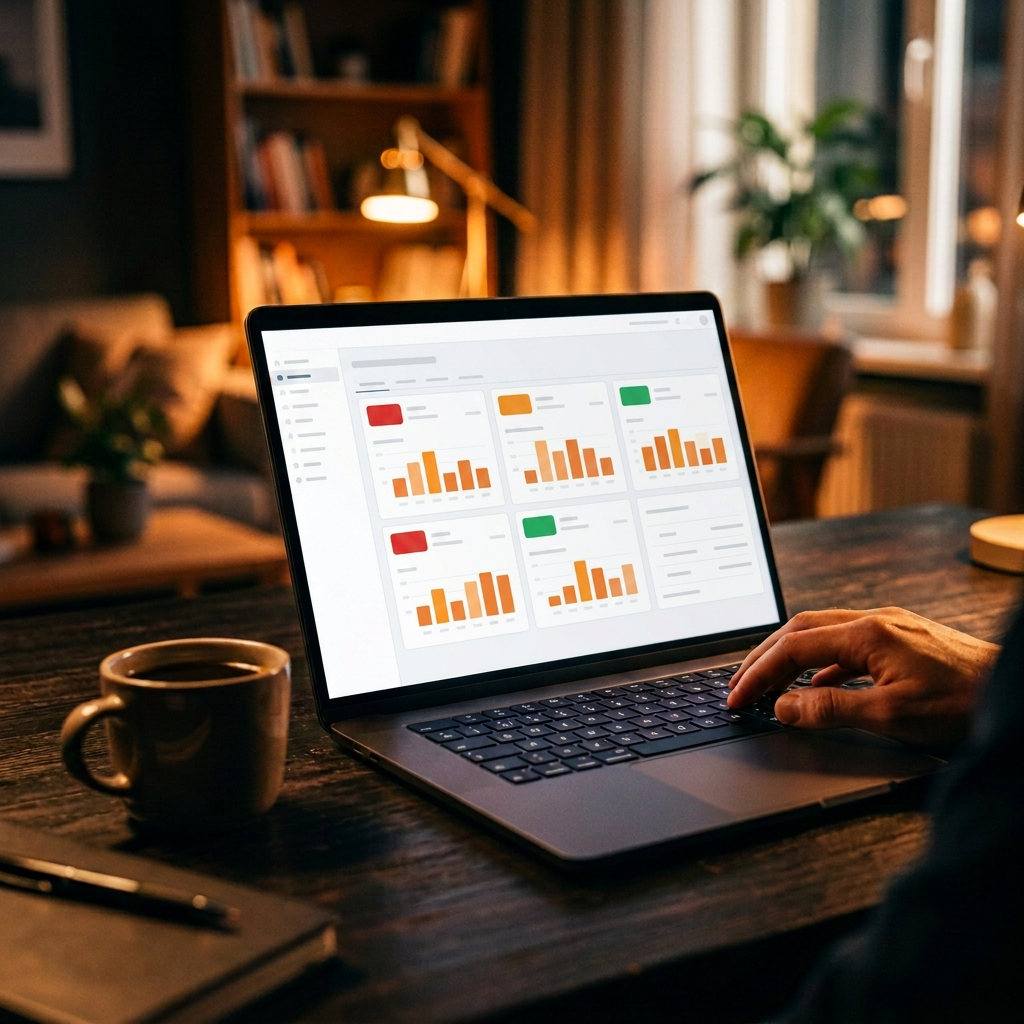 Rise Services Standard — monthly monitoring dashboard on a laptop